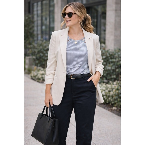 Loft black & White pinstripe Blouse with flutter short sleeves (small/Petite) - Picture 2 of 9